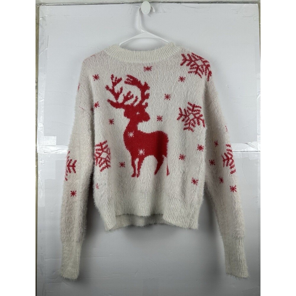 SHEIN Fuzzy Reindeer Snowflake Christmas Sweater Womens Small Cream Red Knit